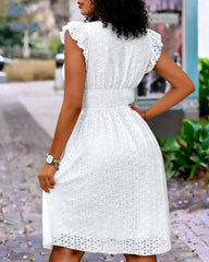 V-neck High-waisted Lace Trim Casual Dress