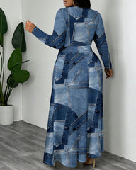 Blue Denim Patch Print Crewneck Long Sleeve Pocket Dress