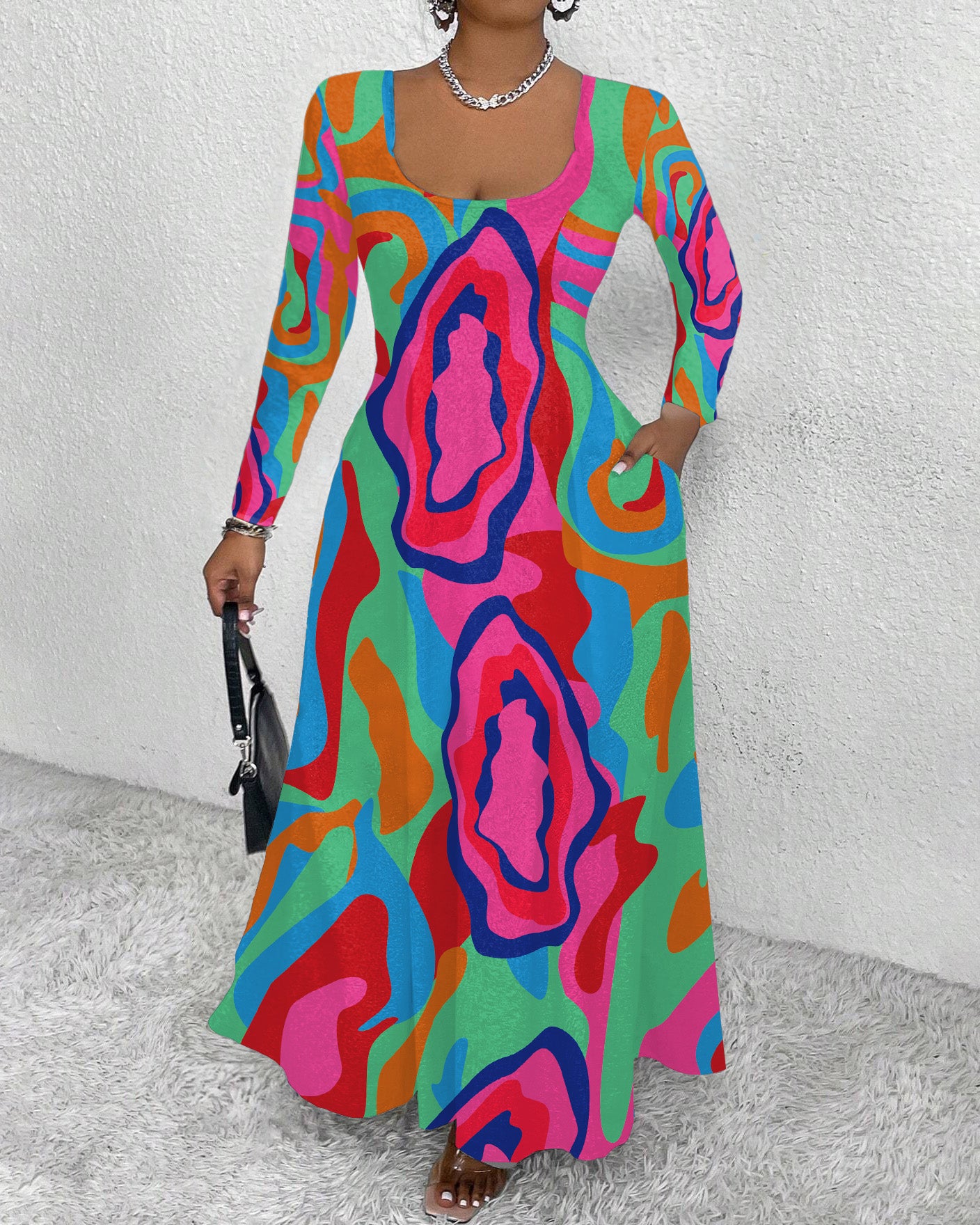 Colorful Wavy Stripes Long Sleeve Maxi Dress