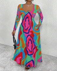 Colorful Wavy Stripes Long Sleeve Maxi Dress