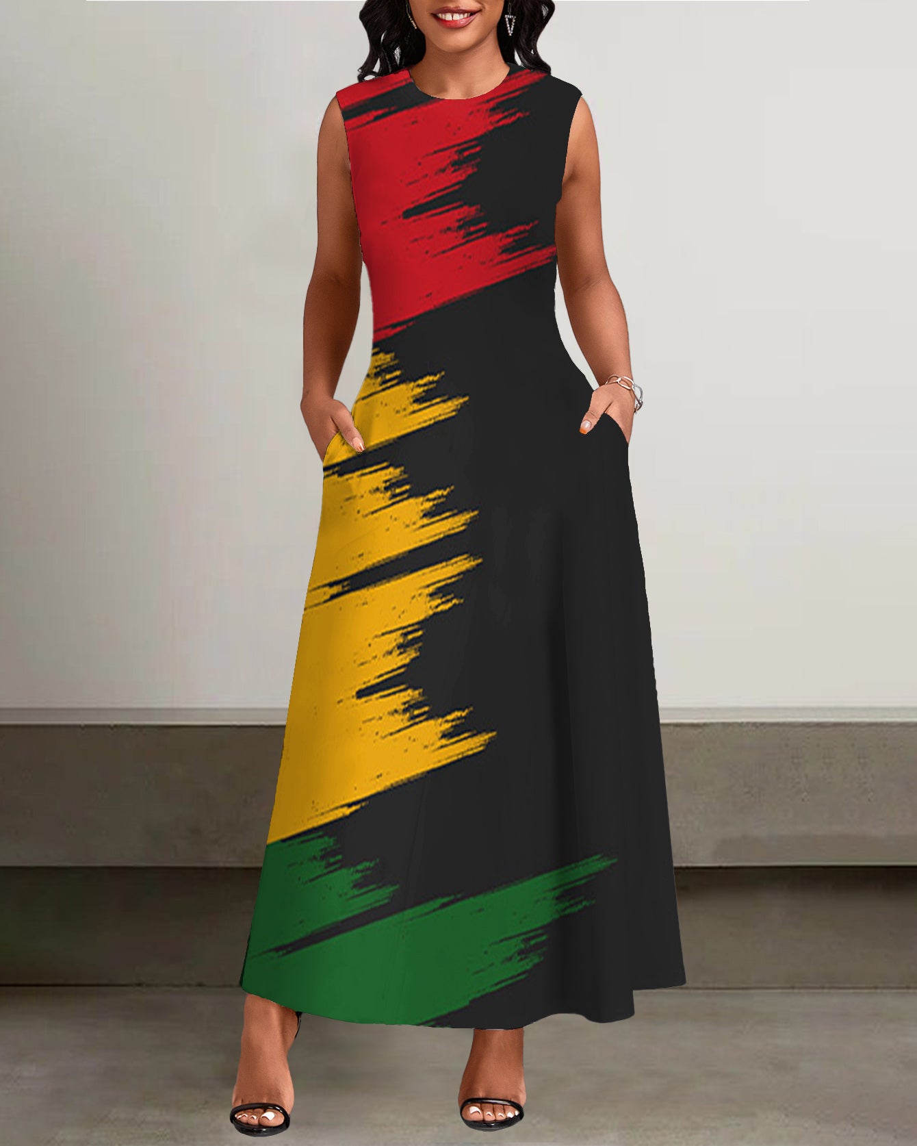 Reggae Color Contrast Crew Neck Pockets Casual Dress