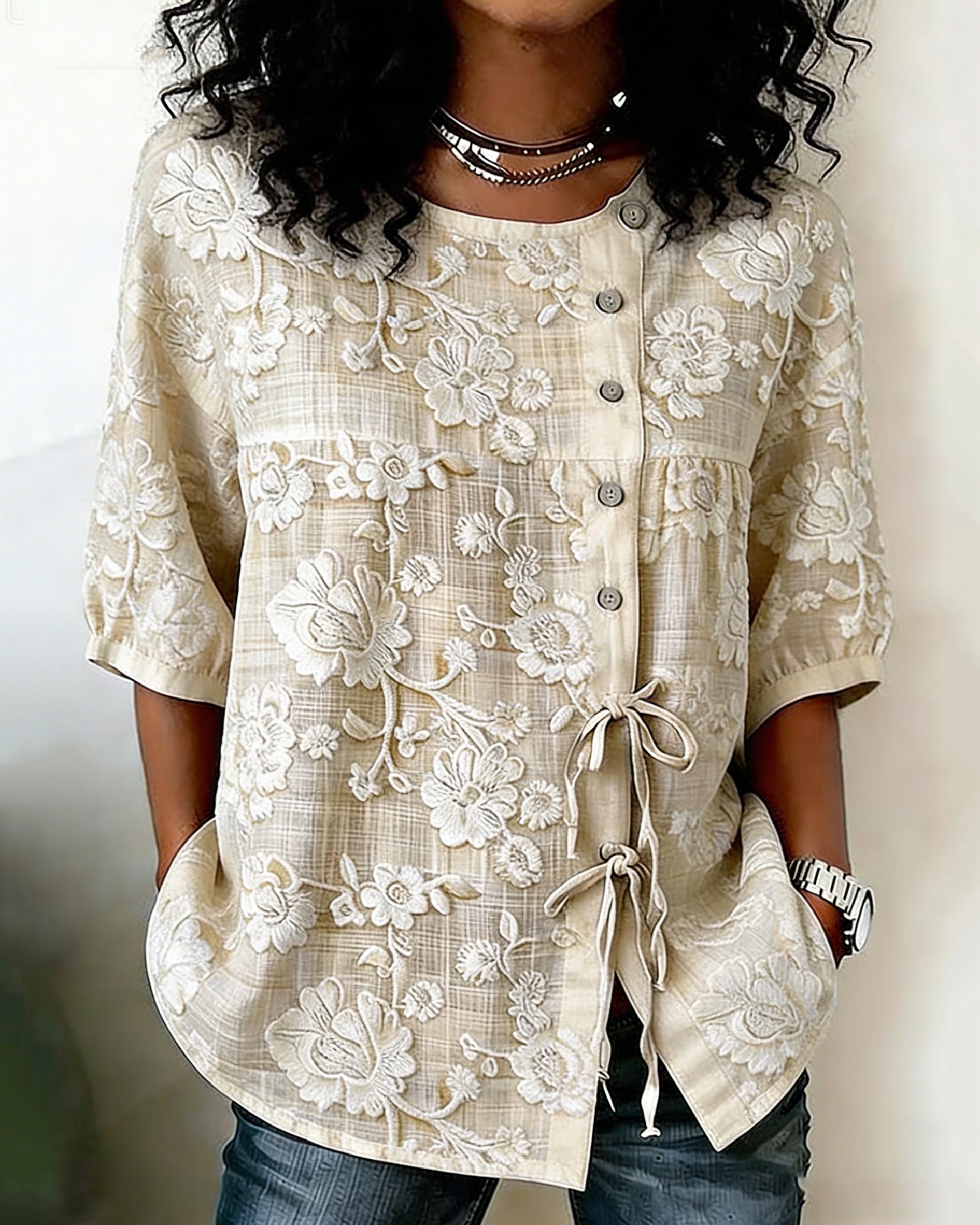 White Flowers Print Cotton Linen Button-down Tie Blouse