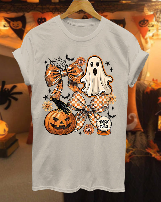 Halloween Pumpkin Ghost Bow 100% Cotton Crew Neck Short Sleeve Tshirt