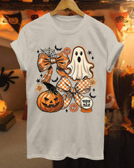 Halloween Pumpkin Ghost Bow 100% Cotton Crew Neck Short Sleeve Tshirt