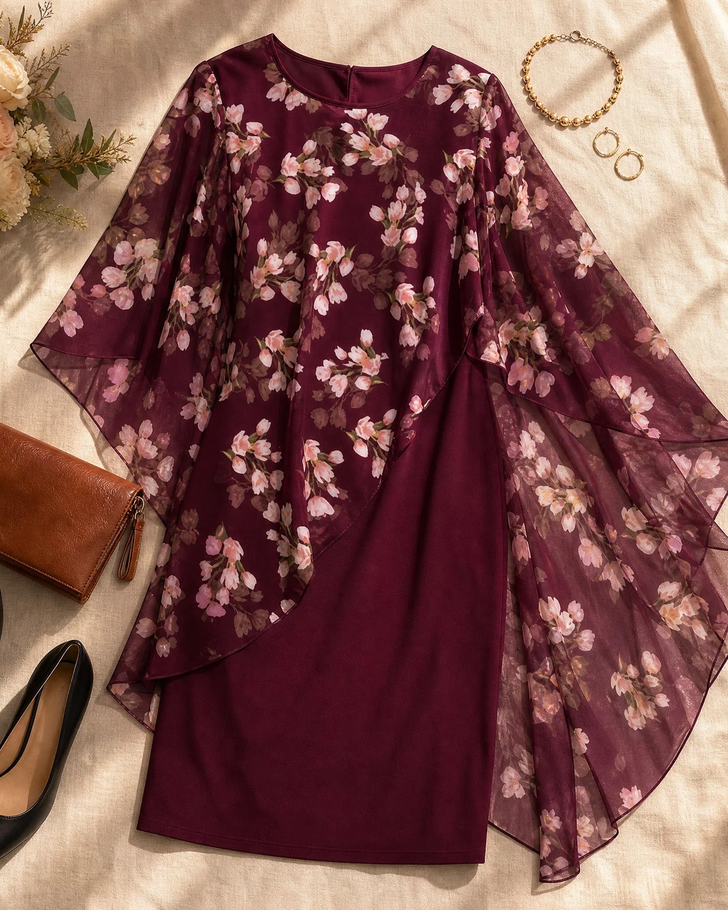 Floral Print Chiffon 2-Piece Set Crew Neck Mini Dress