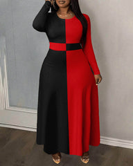 Simple Contrasting Colors Round Neck Long Sleeve Maxi Dress