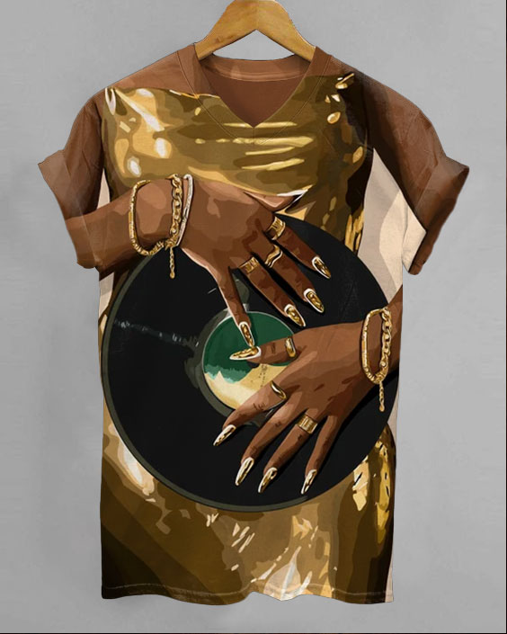 Black Woman Gold Dress Art V-neck Short Sleeve Tshirt