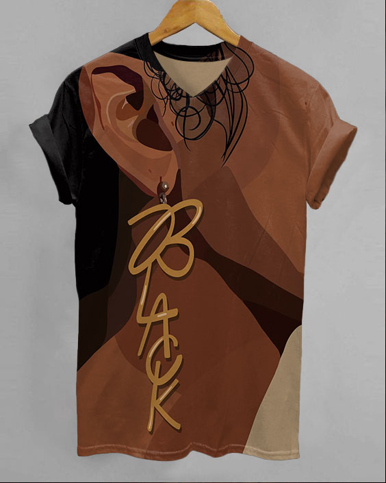Black Letter Earrings V-neck Short Sleeve Tshirt