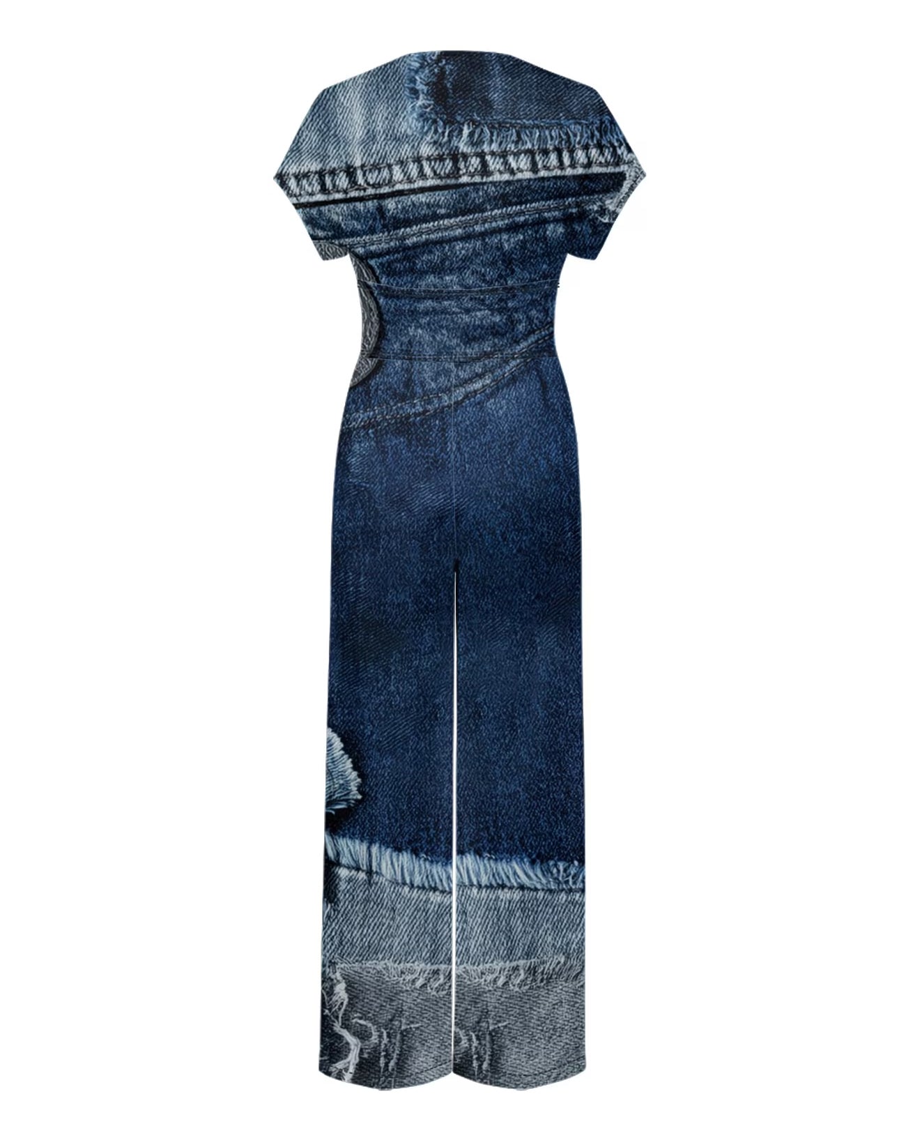 Fun Denim Print V-Neck Waist Straight Jumpsuit