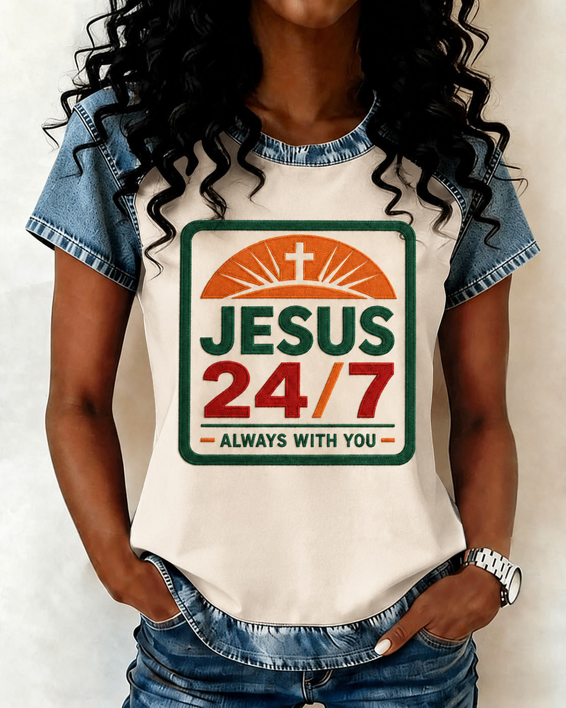 Women's Funny Christian Jesus Print Crew Neck Denim Printed Short-sleeved T-shirt
