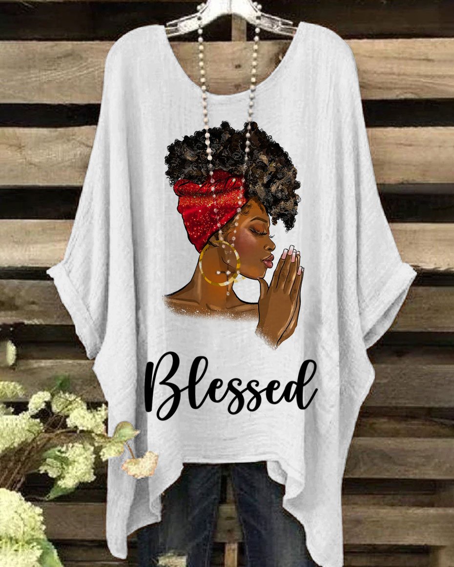 Round Neck Afro Girl Blessed Irregular Shirt