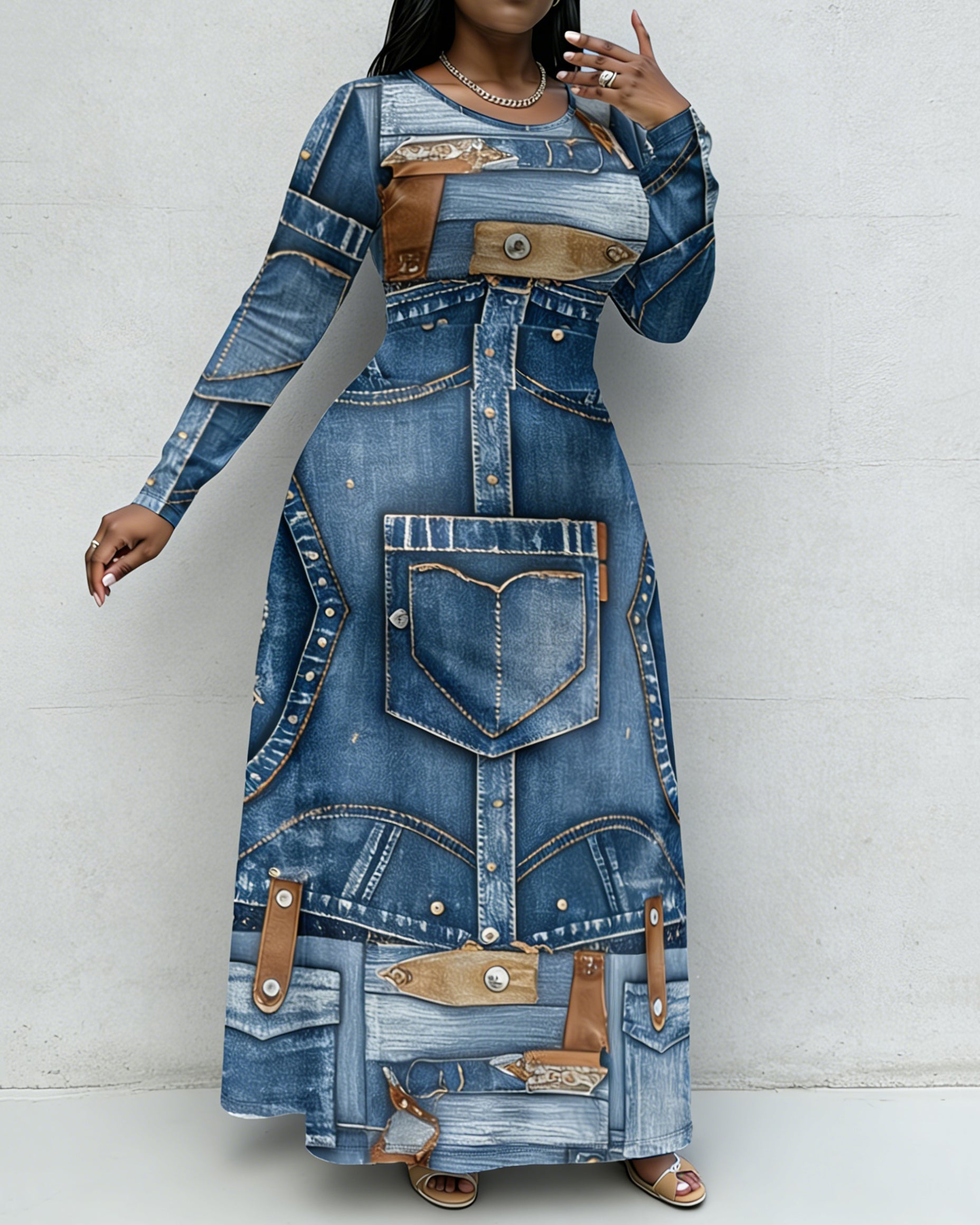 Fun Denim Pocket Patch Print Crewneck Long Sleeve Pocket Dress