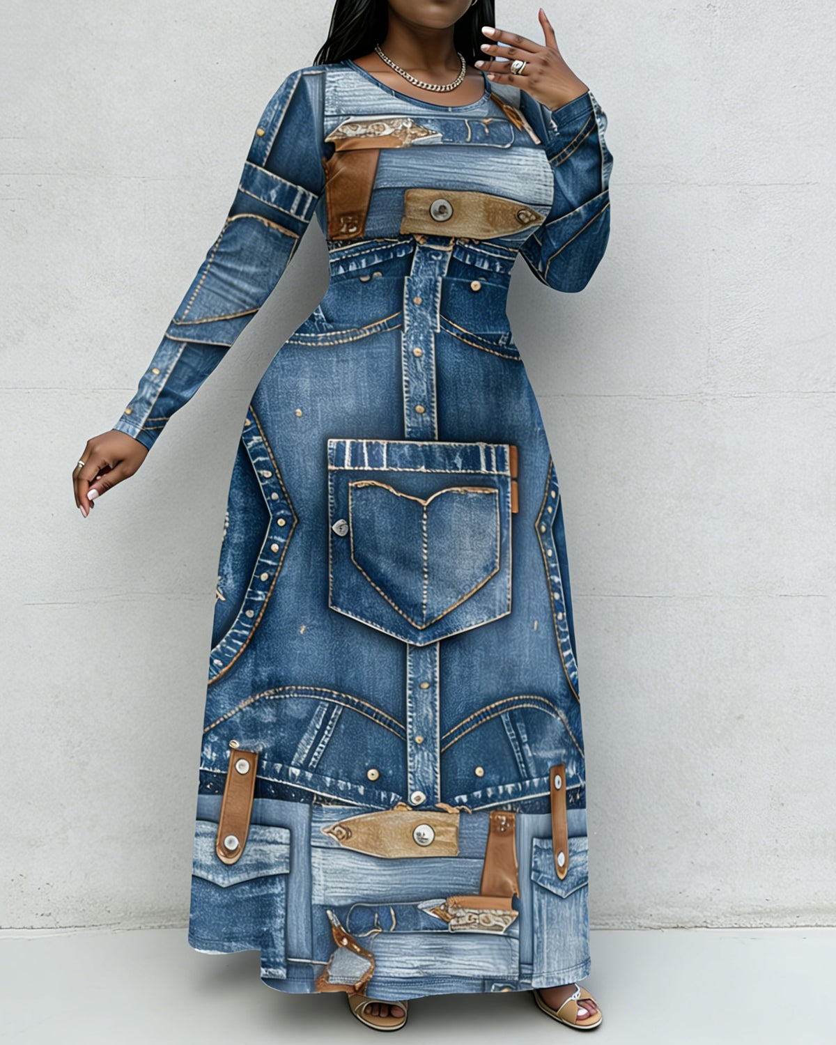 Fun Denim Pocket Patch Print Crewneck Long Sleeve Pocket Dress