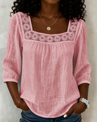 Square Neck Lace Spliced 3/4 Sleeve Cotton Linen Blouse