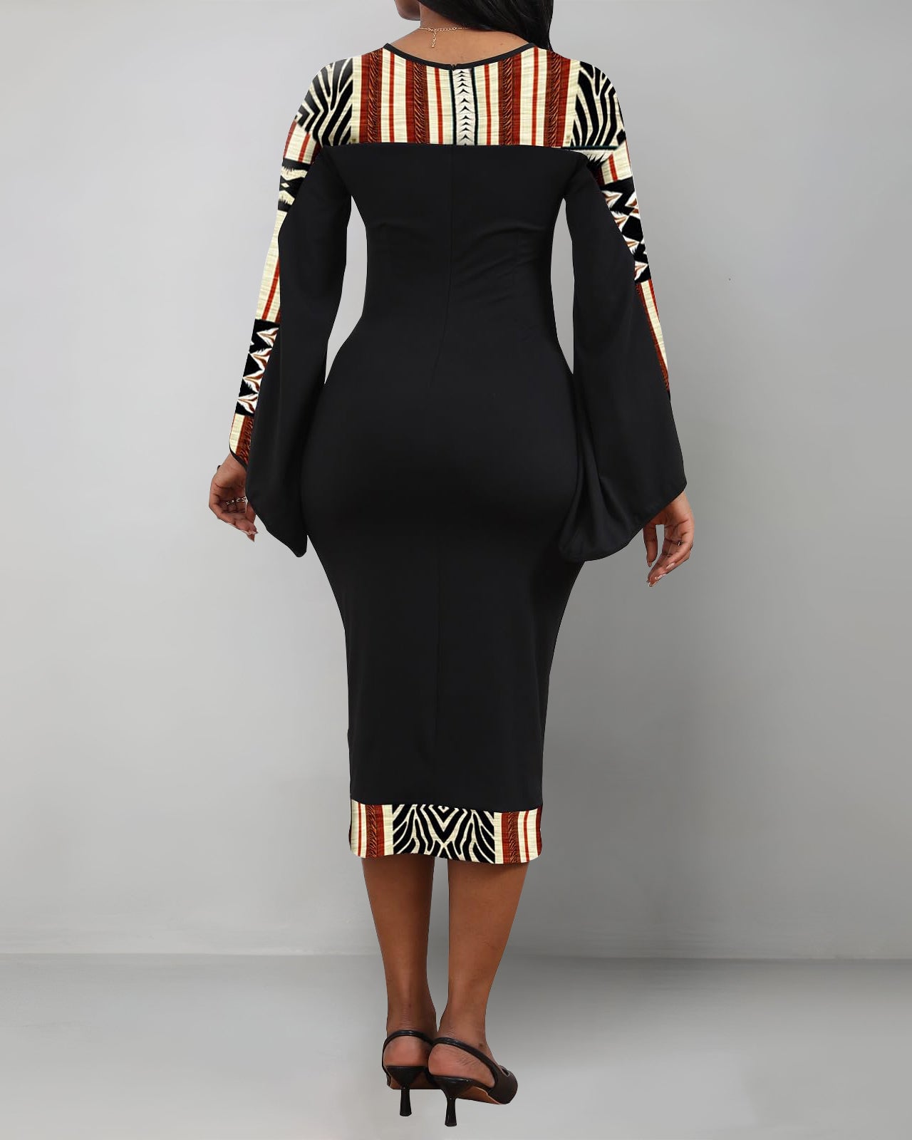 Geometric Print Flared Sleeve Bodycon Midi Dress