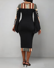 Geometric Print Flared Sleeve Bodycon Midi Dress