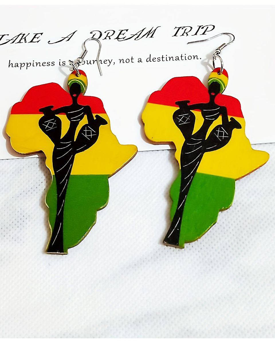 African Geometric Map Black History Month Color Wooden Earrings