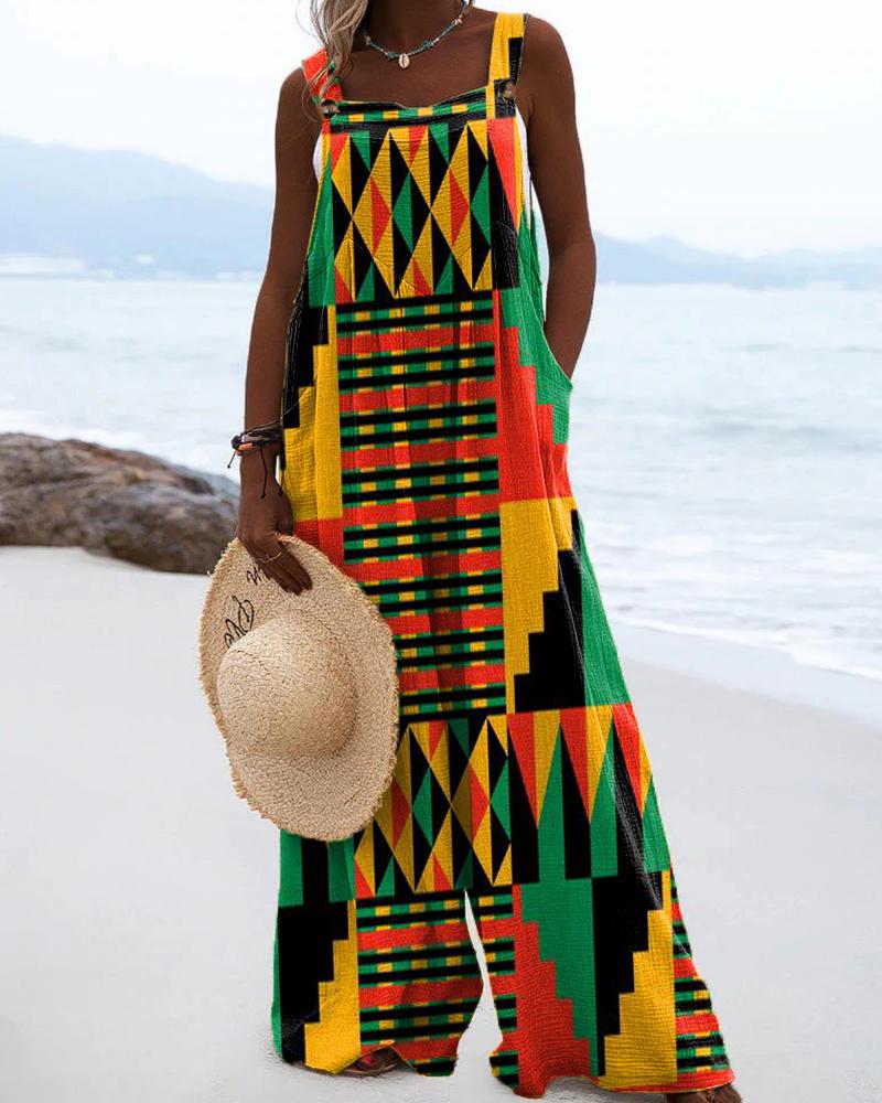 Black Ethnic Style Personalized Printed Wide Leg Jumpsuit