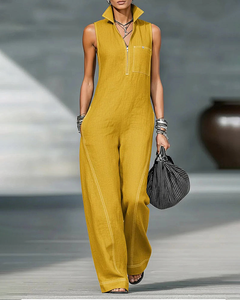 Stand-up Collar Sleeveless Casual Loose Pocket Cotton Linen Jumpsuit