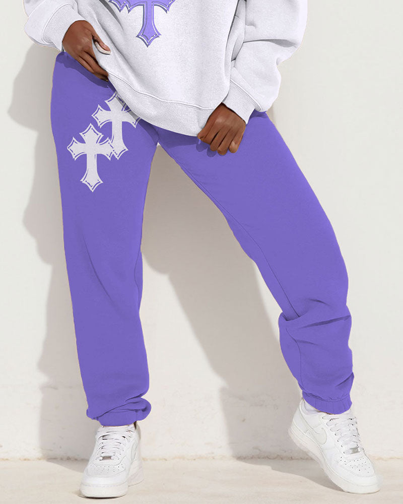 Colorblock Cross Print Long Sleeve Sweatshirt Two Pieces Set
