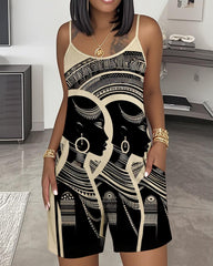 Sleeveless Black Women Print Short Jumpsuit