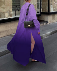Gradient Color Faith Letters Hem Slit Shirt Collar Long Sleeve Maxi Dress
