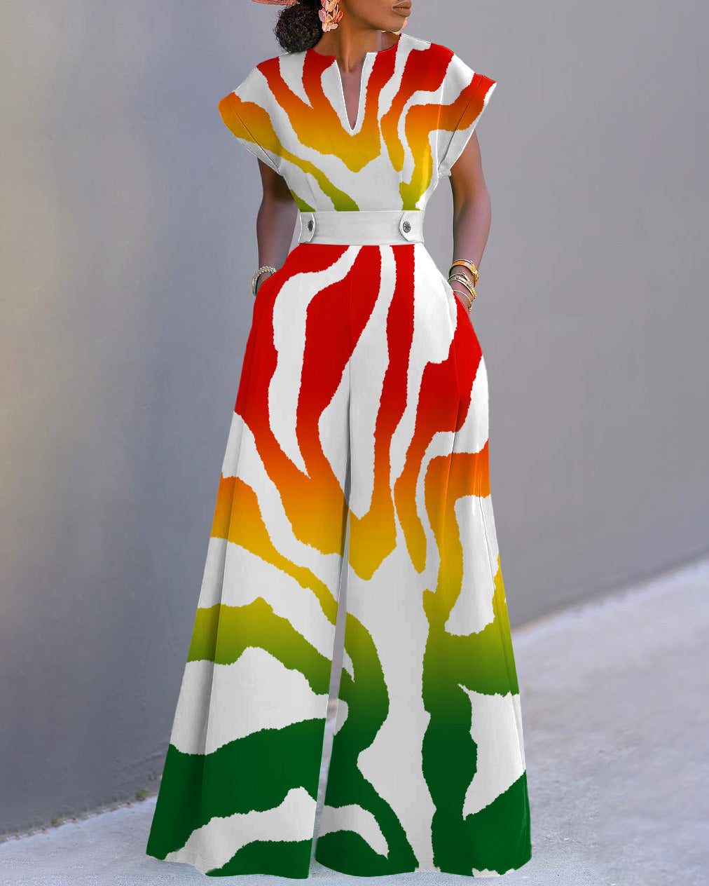 Reggae Color Wave Batwing Sleeve Wide Leg Jumpsuit