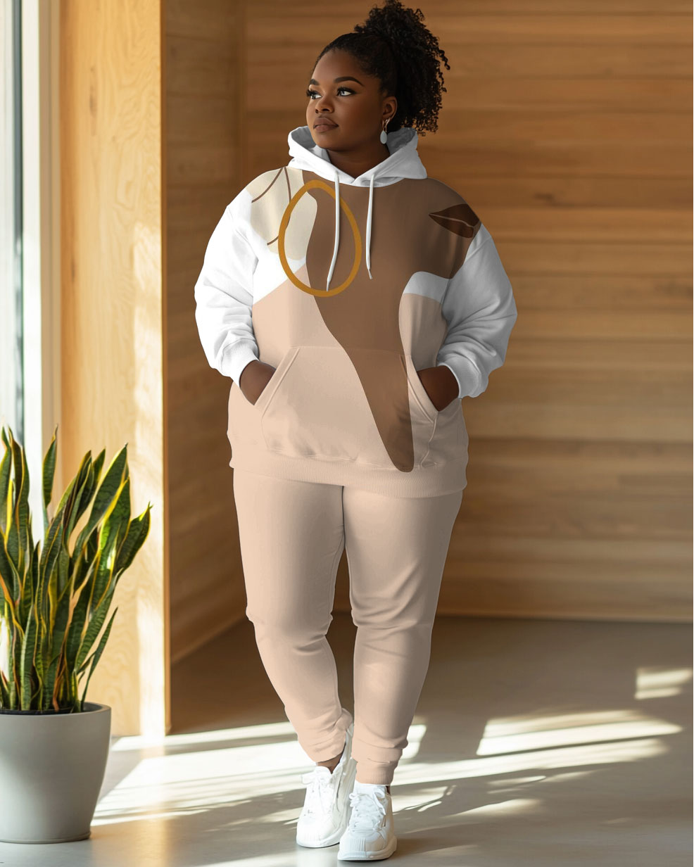 Brown Girl O-ring Earring Print Long Sleeve Hooded Two Pieces Set