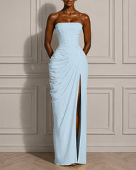 Back Lace-up Asymmetrical Pleats Strapless Slit Maxi Dress