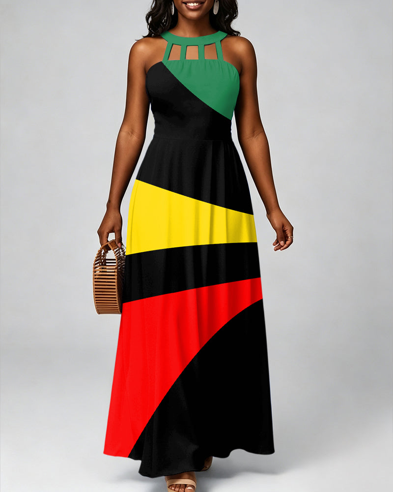 Reggae Stripes Hollow-out Halter Neckline Bodycon Maxi Dress