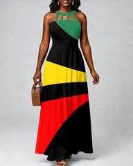 Reggae Stripes Hollow-out Halter Neckline Bodycon Maxi Dress