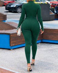 Long Sleeve Half Zip Mock Neck Ribbed Jumpsuit