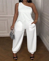 Sleeveless Pockets Solid Color One-Shoulder Jumpsuits