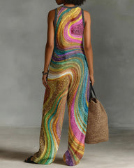 Irregular Color-blocked Abstract Wavy Stripes Linen Blend Sleeveless Jumpsuit With Zipper And Stand Collar
