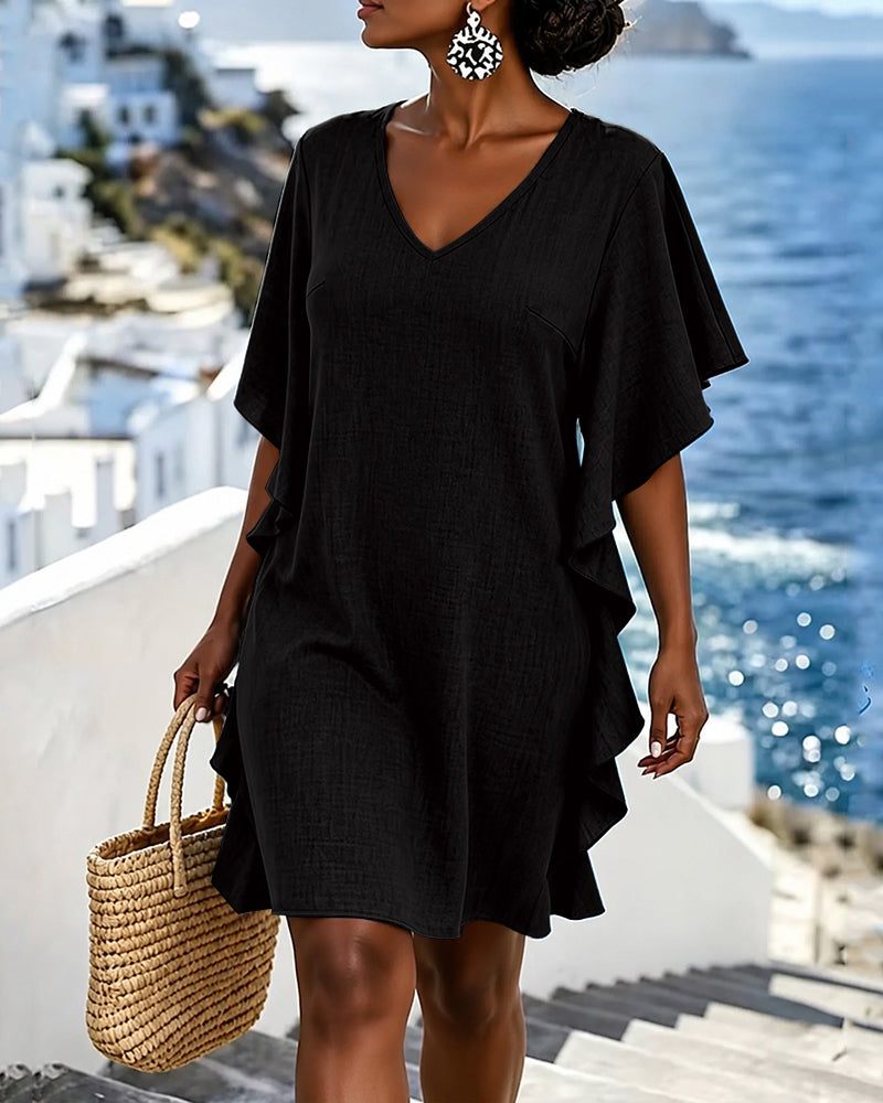 Women's Solid Color V-neck Short-sleeve Casual Loose Cotton-linen Dress
