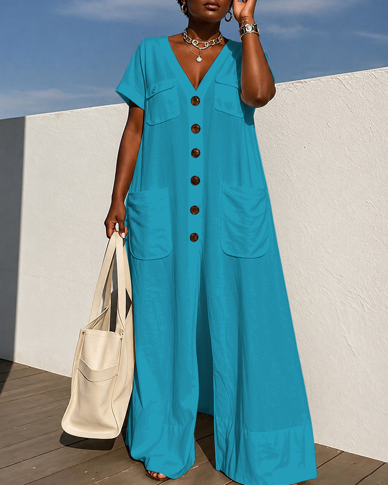 Loose Short Sleeves Buttoned Pockets Solid Color V-Neck Jumpsuits