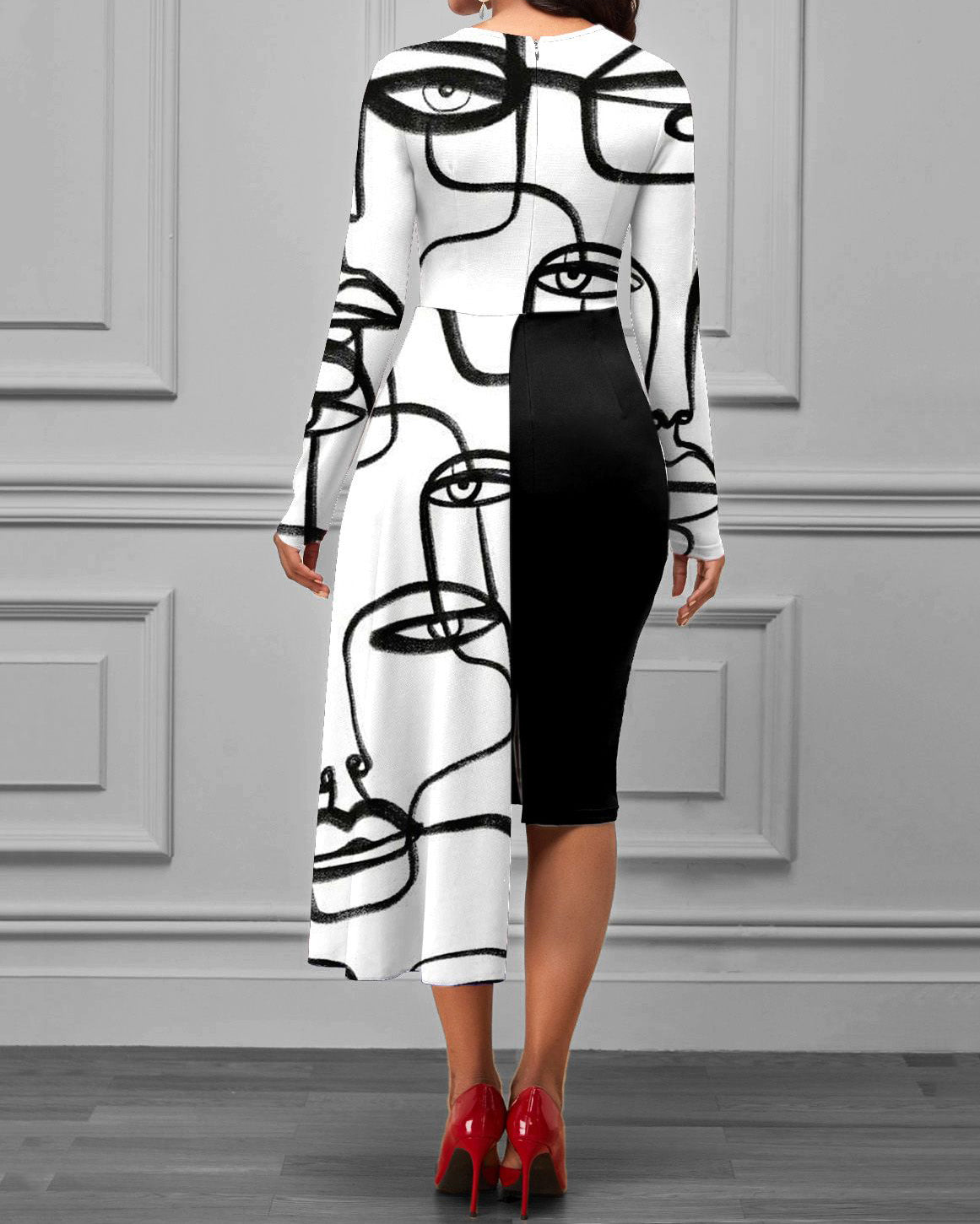 Crew Neck Long Sleeve Asymmetrical Hem Face Print Dress