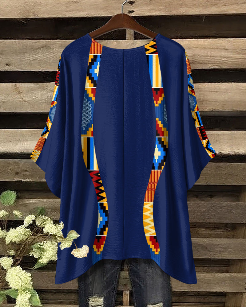 Ankara Corrugated Splicing Print Round Neck Irregular Shirt