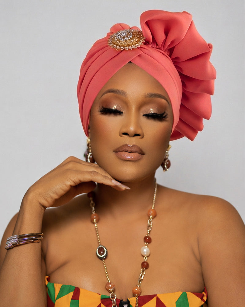 Crystal Flower Button Lace Trim Turban Head Wrap