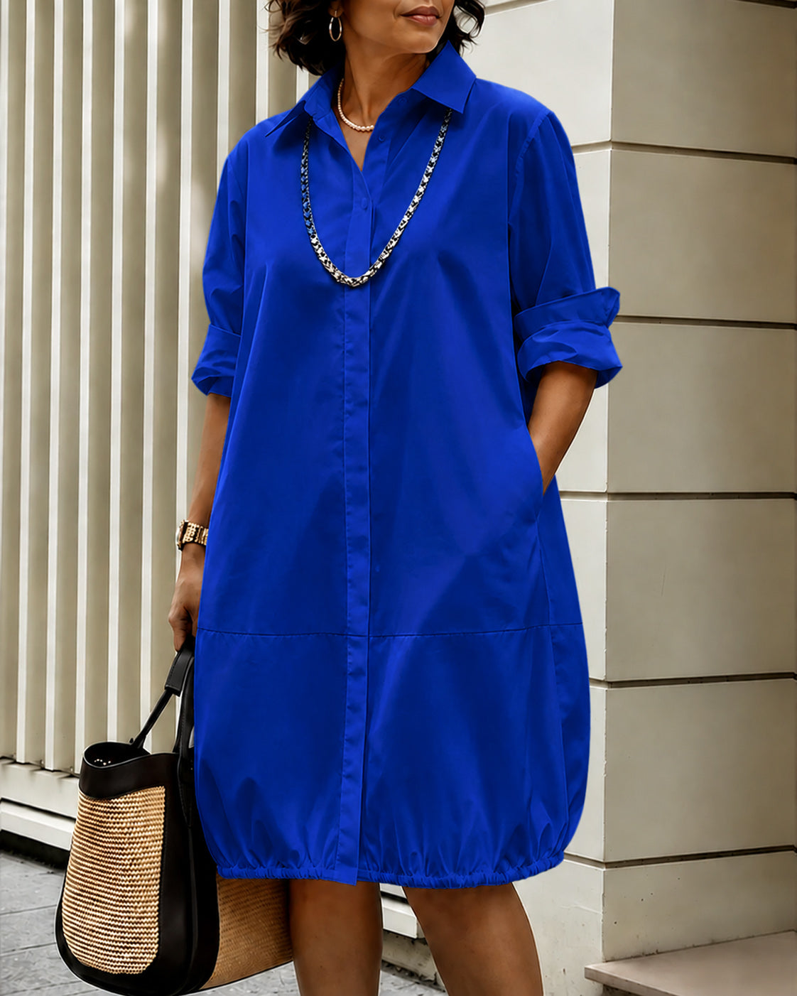 Solid Color Long Sleeves Loose Buttoned Pockets Lapel Midi Dresses