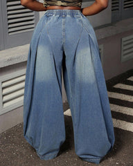 Plus Size High-waisted Pleated Wide-leg Lantern Jeans