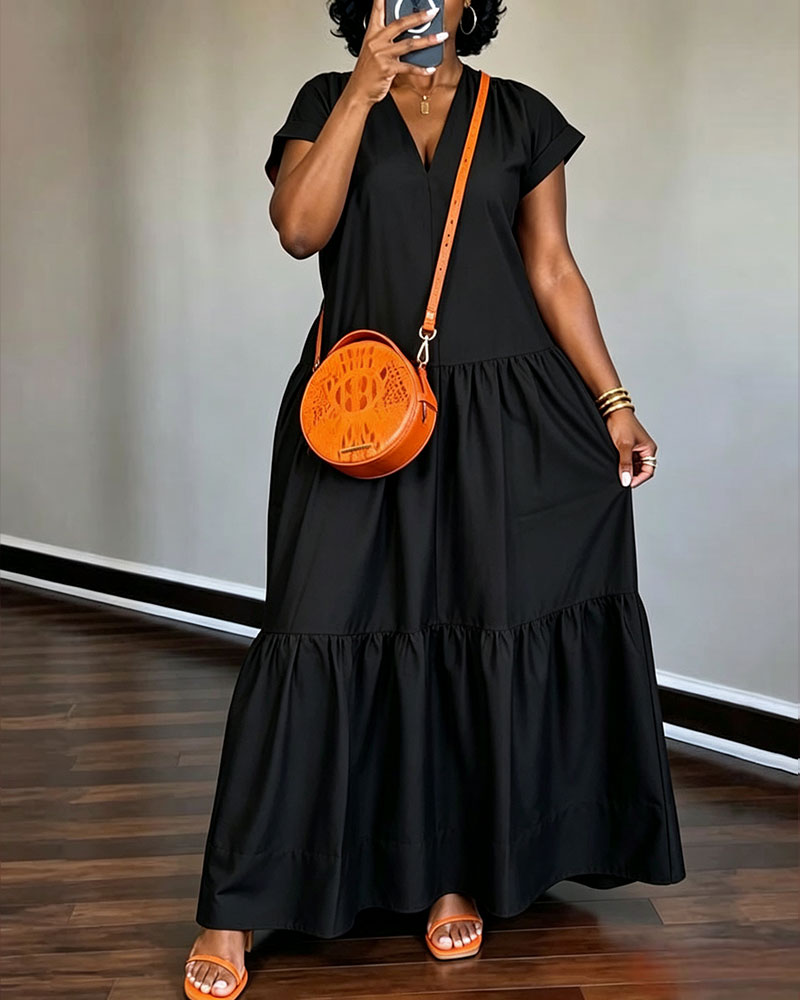 Solid Color V-neck Short-sleeved Dress with Ruffled Hem