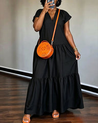 Solid Color V-neck Short-sleeved Dress with Ruffled Hem