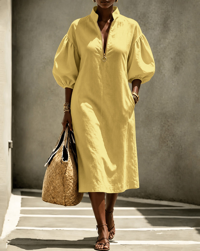 Stand-up Collar Puff Sleeve Zipper Casual Dress