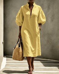 Stand-up Collar Puff Sleeve Zipper Casual Dress