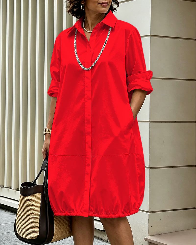 Solid Color Long Sleeves Loose Buttoned Pockets Lapel Midi Dresses