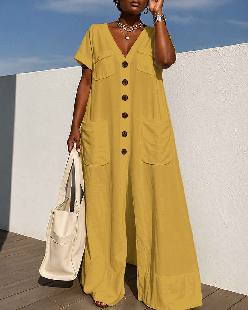 Loose Short Sleeves Buttoned Pockets Solid Color V-Neck Jumpsuits