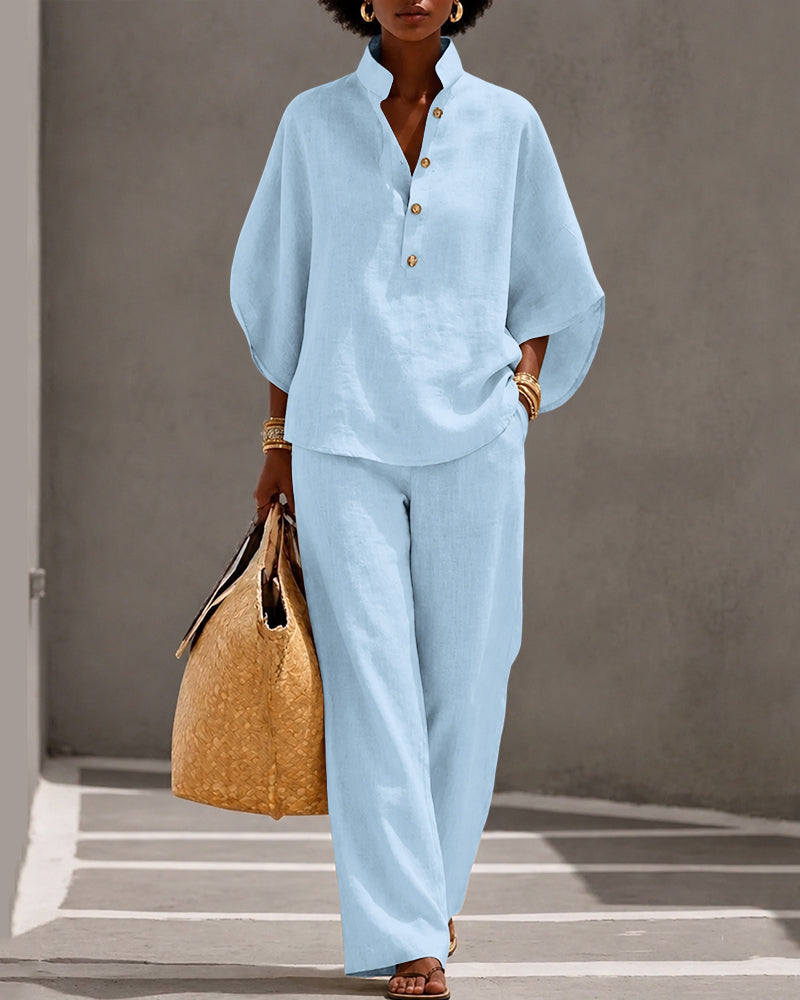 Linen Blend Solid Color Button-down Loose Top and Elastic Waist Pocket Casual Pants Set