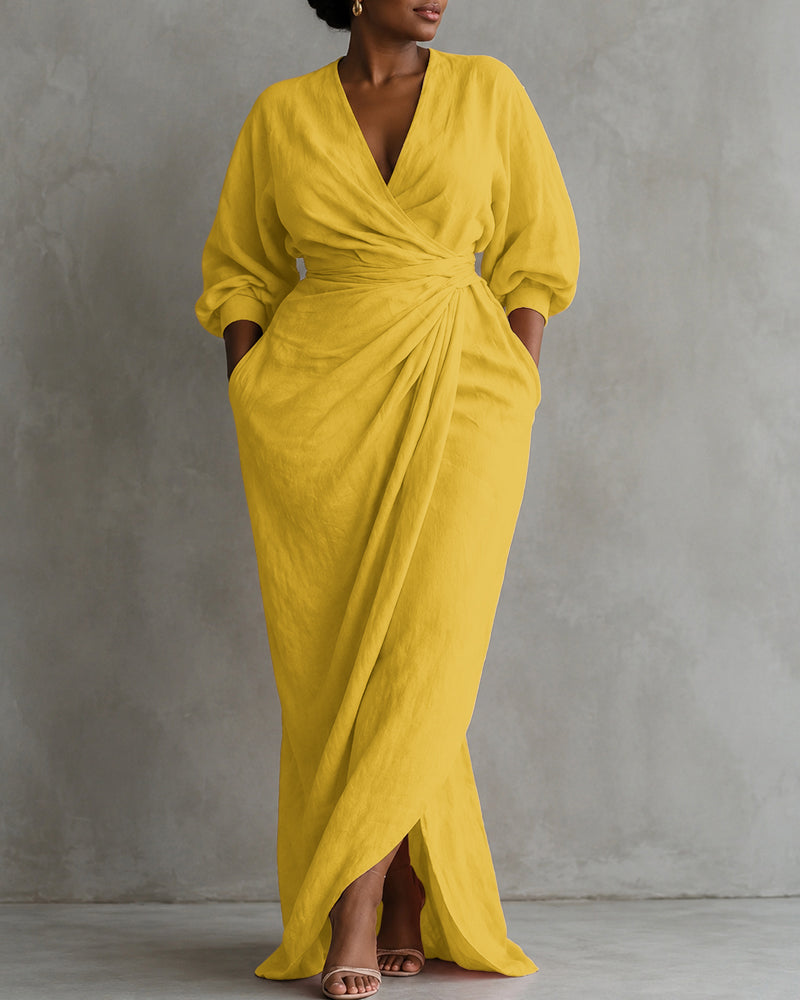 Linen Blend Loose V-neck Pleated Waist Casual Pocket Maxi Dress