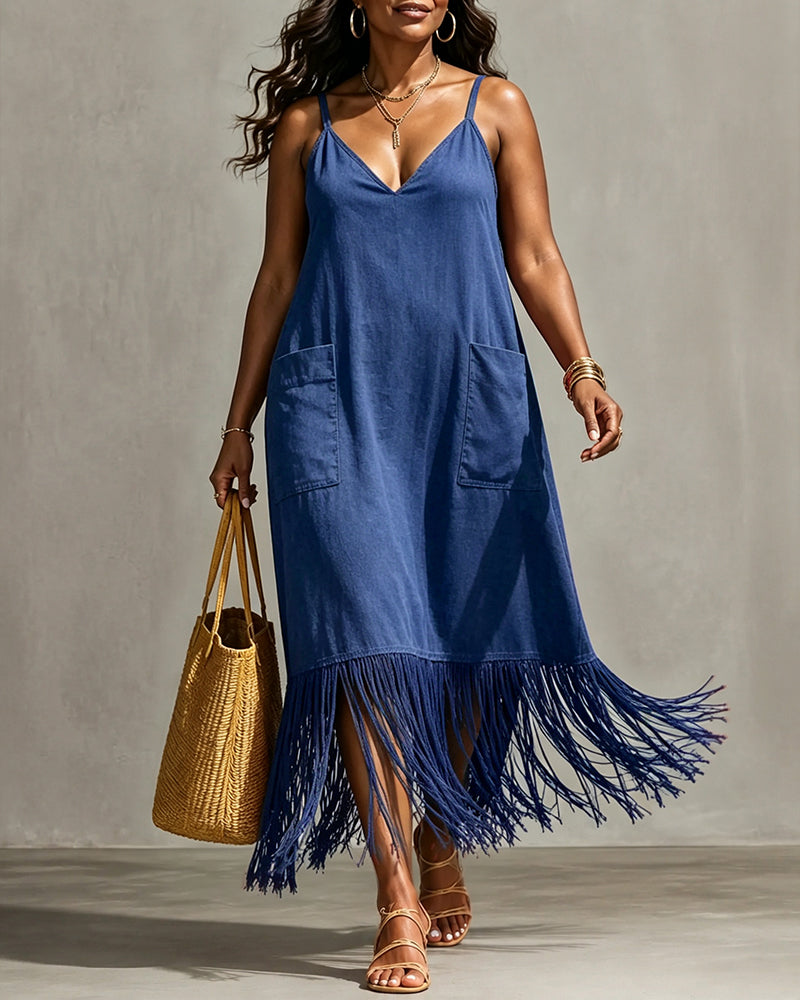 V-Neck Cami Dress with Pockets and Fringe Hem